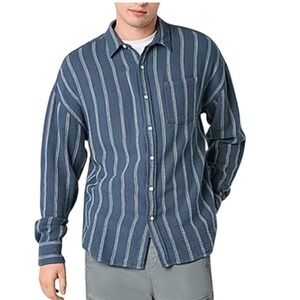 Arizona Jean Co Mens XL Blue White Striped Gauze‎ Cotton Button Down Shirt NEW